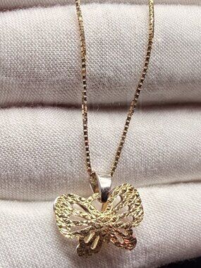 14K Two Tone Gold Butterfly Pendant With 0.8mm Box Chain - 22 inch